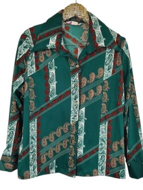 Vintage 70s Trissis Hunter Green Paisley Long Sleeve Top Size 42 Retro